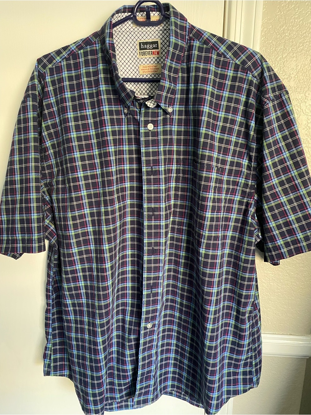 Haggar ForeverNew Performance Plaid Short Sleeve Button Down Shirt Men XXL Navy